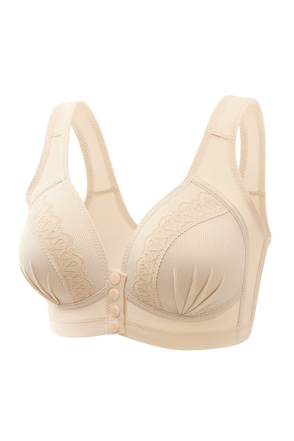Women Bra Pure Color Lace Front Closure Shaping Cup Adjustable Straps Plus Size Wirefree Underwear Beige