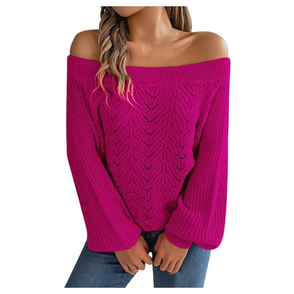 PMVFHDE Women Casual Hollow Out Sweater Off Shoulder Neck Sleeve Knitted Pullover Sweaters Solid Color Long Sleeve Knit Sweater Red,L