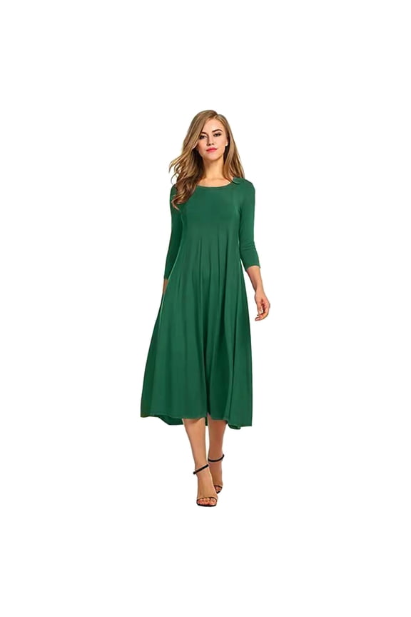 Women Casual Round Neck Three Quarter Sleeve Flared Hem Midi Dress Casual Dresses For Women C,XXL