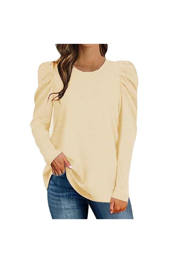 Women Casual Tops U-Neck Long Sleeve Puff Sleeve Solid Color Relaxed Fit T-Shirt