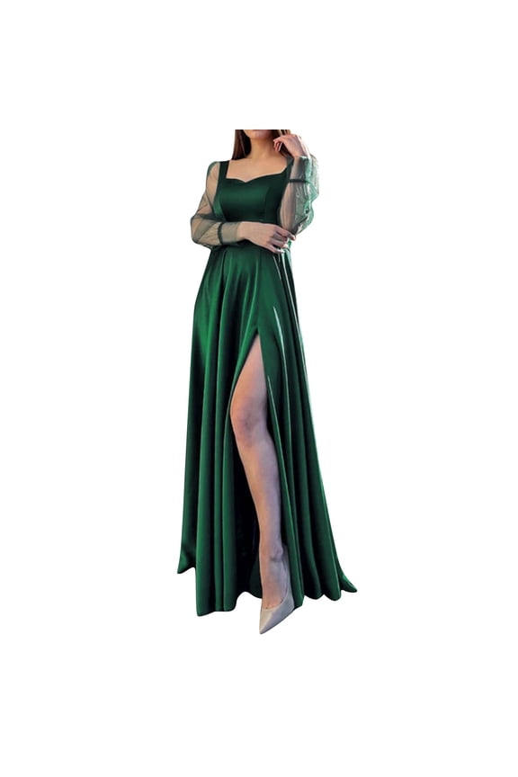 Women Elegant Long Dress Sheer Lace Long Sleeve Round Neck Formal Gown Elegant Dresses For Women Green,S