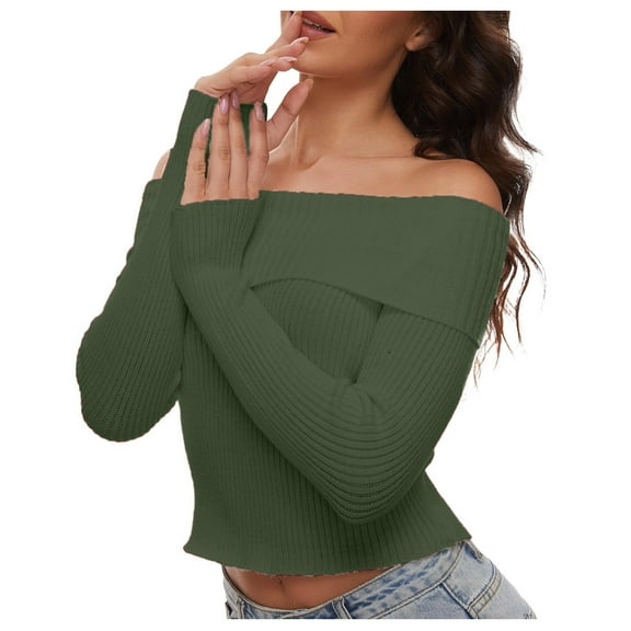 PMVFHDE Women Fall Off Shoulder Sweaters Long Sleeve Ribbed Knit Fitted Pullover Sweaters For Women Tops Blouse Green,S