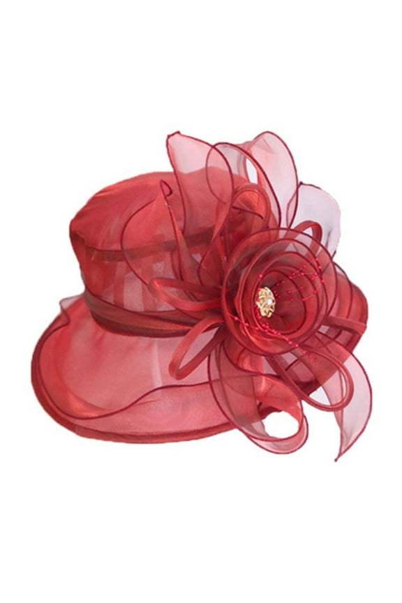 Women Fascinator Lady Tea Party Wedding Bridal Flower Sun Hat For Beach And Travel Events Red