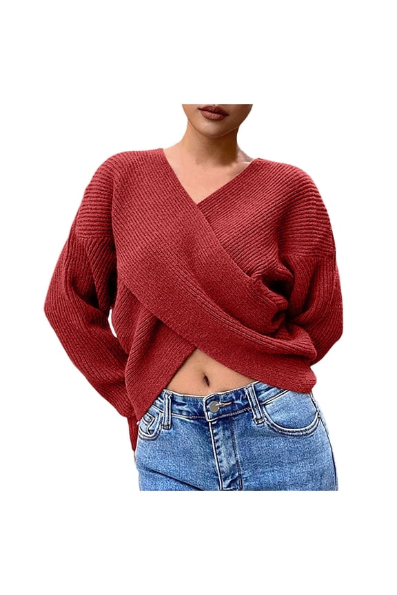 Women Fashion Solid Attractive Crop V Neck Long Sleeve Knit Sweater Pullover Cross Over Design sweater women Red,M