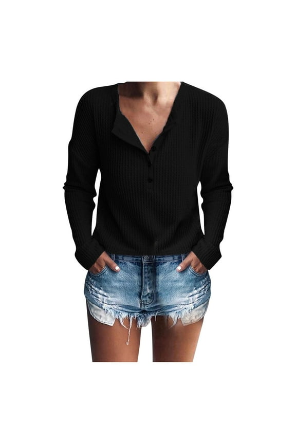 Women Fashion Textured Knit Belted Long Sleeve Button Down V Neck Loose Fit Top tops for women