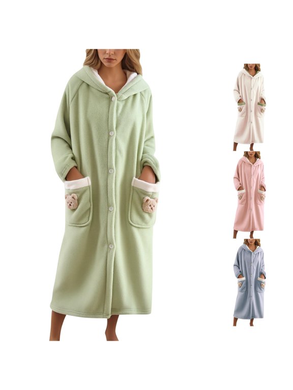 Women Flannel Hooded Bathrobe Winter Bear Print Cozy Loungewear Long Shawl Collar For Home Green,M