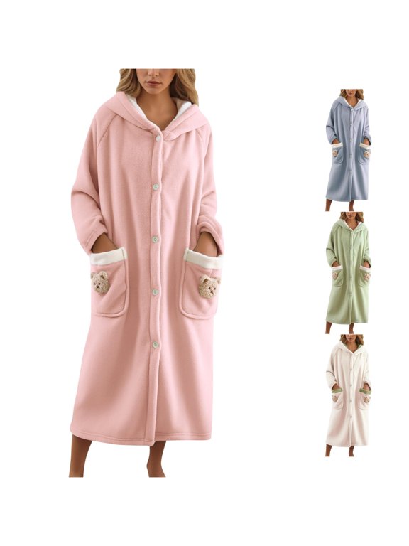 Women Flannel Hooded Bathrobe Winter Bear Print Cozy Loungewear Long Shawl Collar For Home Pink,M