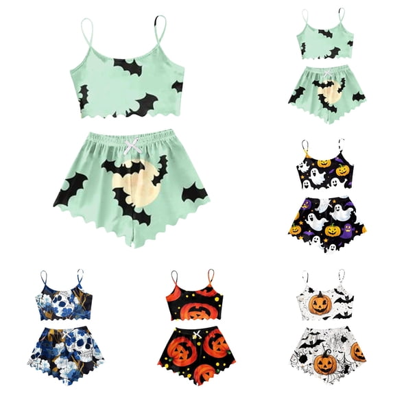 PMVFHDE Women Halloween Cartoon Print Pajama Shorts Set Soft Comfy Sleepwear Loungewear Nightshirt Purple,M