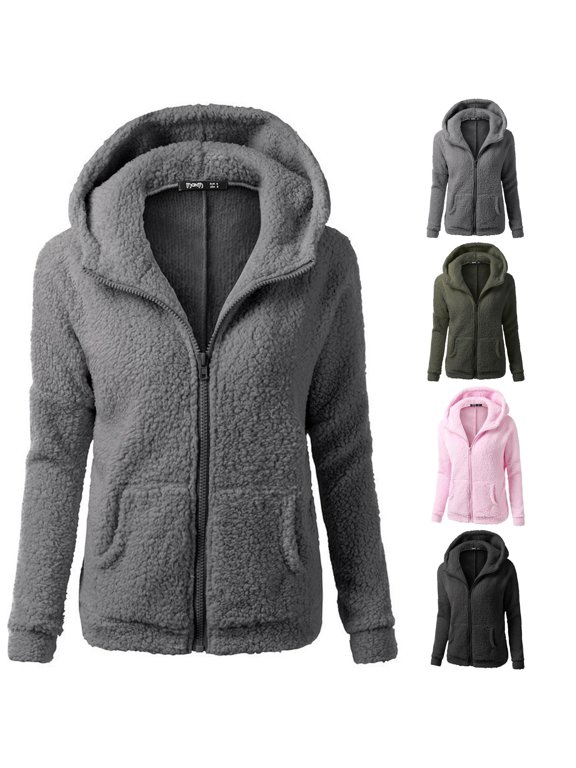 Women Hooded Sweater Coat Winter Warm Wool Zipper Outwear Cardigan Grey - XXL