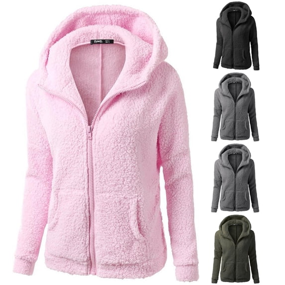 PMVFHDE Women Hooded Sweater Coat Winter Warm Wool Zipper Outwear Cardigan Pink - XXXXL