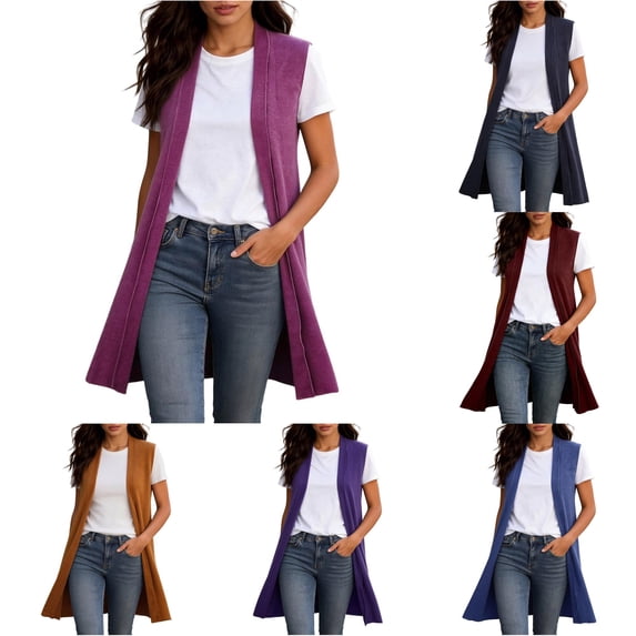 PMVFHDE Women Long Sleeveless Open Front Cardigan Tunic Vests Coat Fall Winter Outfits Casual Knitwear Solid Color Flowy Layerwear Hot Pink - L