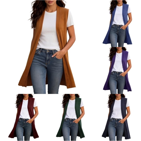 PMVFHDE Women Long Sleeveless Open Front Cardigan Tunic Vests Coat Fall Winter Outfits Casual Knitwear Solid Color Flowy Layerwear Orange - M