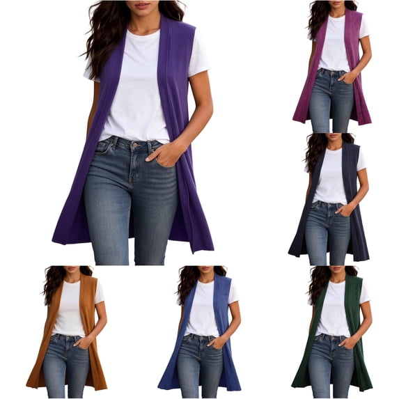 PMVFHDE Women Long Sleeveless Open Front Cardigan Tunic Vests Coat Fall Winter Outfits Casual Knitwear Solid Color Flowy Layerwear Purple - L