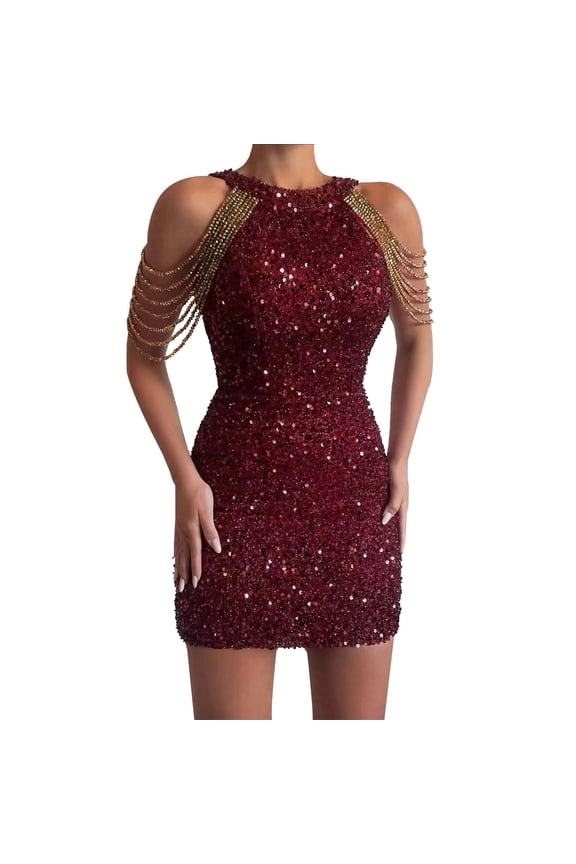 Women Neck Tie Sequin Fringe Bodycon Mid Waist Evening Dress Sequin Dress For Women Red,S