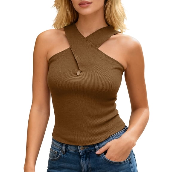 PMVFHDE Women Over Collar Tank Knit Sleeveless Top Solid Color Casual Summer Blouse Cross Neckline Design Women Tops Khaki,XXL