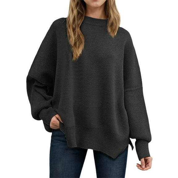 PMVFHDE Women Oversized Knit Sweater Casual Long Sleeve Pullover Tunic Top Sweaters For Women Soft Comfortable Loose Fit Dark Gray,S