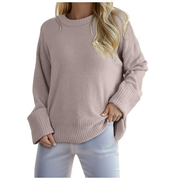 PMVFHDE Women Oversized Sweater Crewneck Long Sleeve Oversized Fuzzy Knit Cozy Sweaters For Women Warm Pullover Top Purple,L