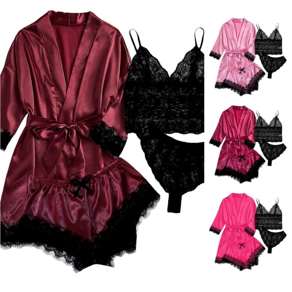 PMVFHDE Women Pajama Sets 4 Piece Satin Sleepwear Classic Button Down Short Sleeve Pj Set Cute Loungewear Silk For Women Brick Red,XL
