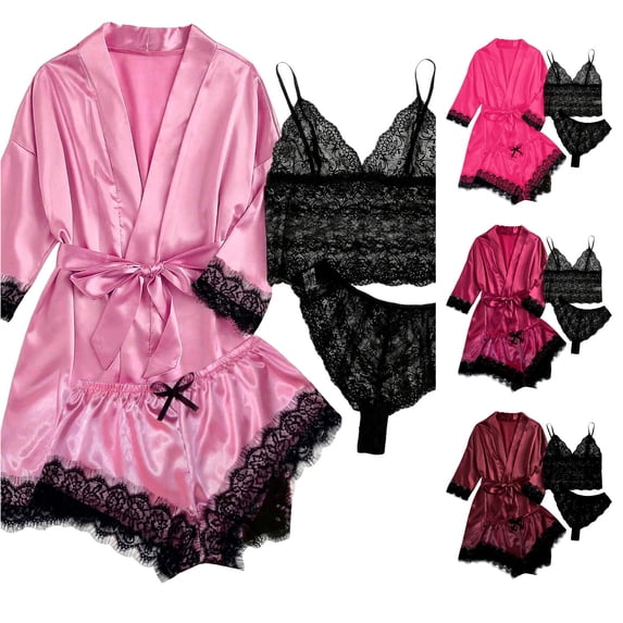PMVFHDE Women Pajama Sets 4 Piece Satin Sleepwear Classic Button Down Short Sleeve Pj Set Cute Loungewear Silk For Women Pink,XL