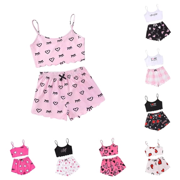 PMVFHDE Women Pajama Sets Camisoles Sleepwear Cute Print Lettuce Trim Top And Shorts Nightwear Grey,L