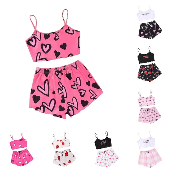 PMVFHDE Women Pajama Sets Camisoles Sleepwear Cute Print Lettuce Trim Top And Shorts Nightwear Hot Pink,XL