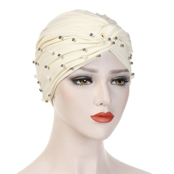 PMVFHDE Women Pearl Detailed Head Cover Full Wrap Headwear with Secure Fit Soft Stretchable Material Beige