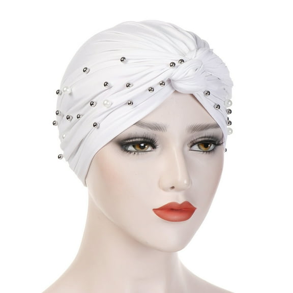 PMVFHDE Women Pearl Detailed Head Cover, Full Wrap Headwear with Secure Fit, Soft Stretchable Material White