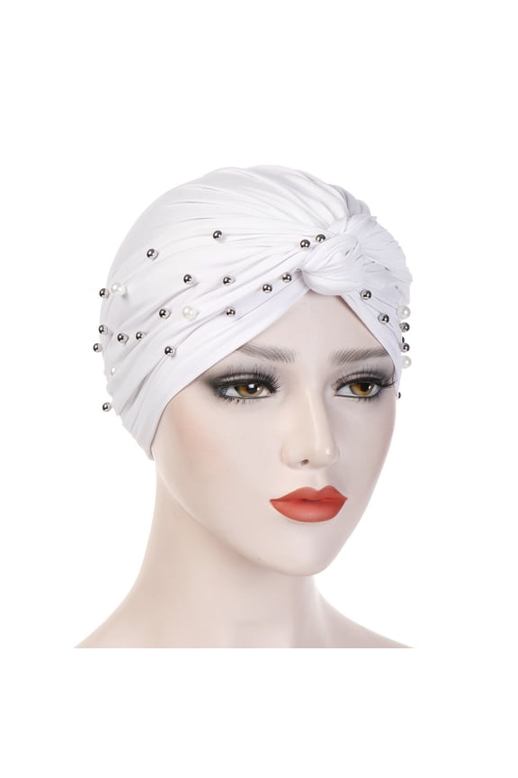 Women Pearl Detailed Head Cover Full Wrap Headwear with Secure Fit Soft Stretchable Material White