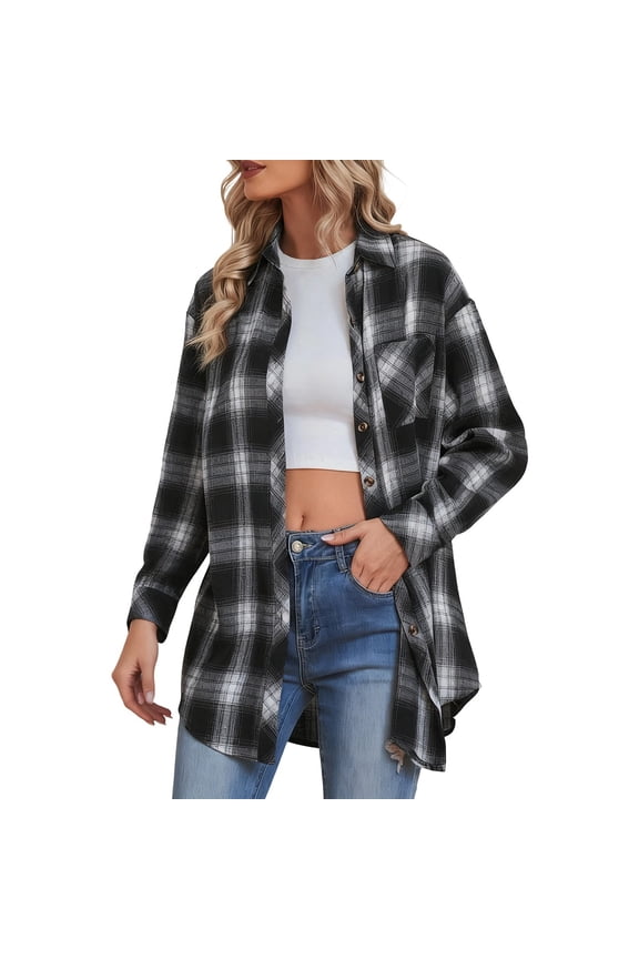 Women Plaid Patchwork Long Sleeve Shirt Jacket Open Front Cardigan With Button Side Pocket Casual Shirts For Women Black,S