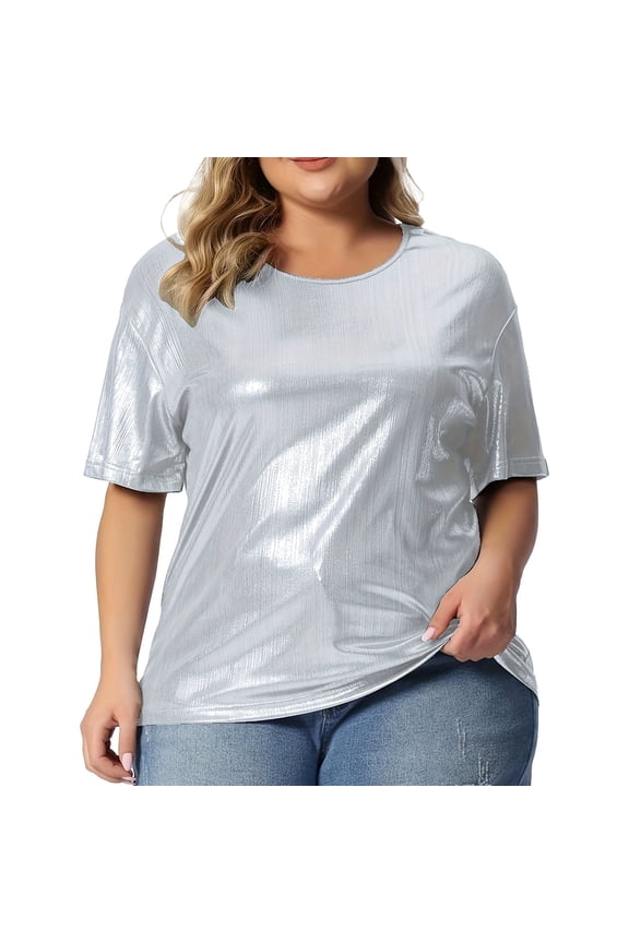 Women Plus Size Short Sleeve T Shirt Round Neck Solid Color With Shiny Finish Loose Fit Casual Top Short Sleeve Tops For Women Silver