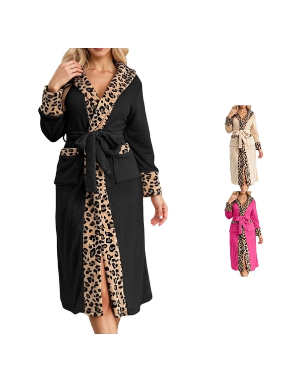 Women Print Casual Flannel Long Sleeve Thermal Bathrobe Elegant Loungewear Housecoat For Home Comfort Black,M