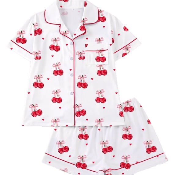 PMVFHDE Women Printed Pajama Set With Notched Collar Short Sleeve Top And Shorts For Home Wear Cozy Sleepwear Lightweight Breathable Comfort White,XXL