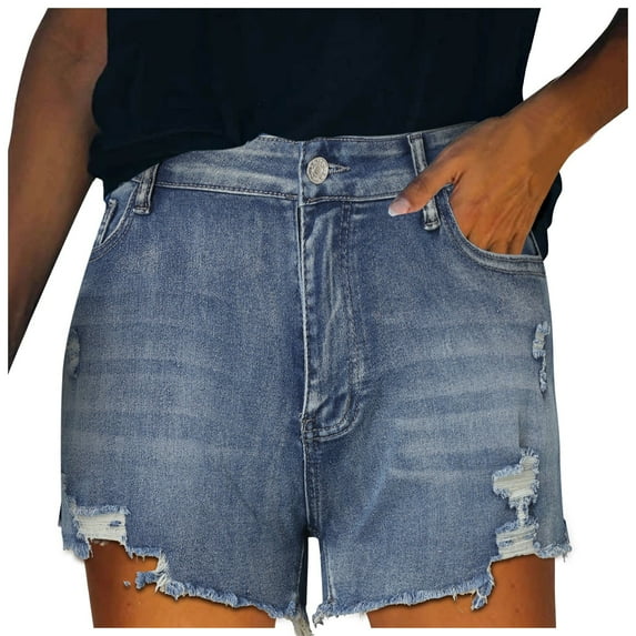 PMVFHDE Women Retro Ripped Denim Jeans Shorts For Women With High Waist Washed Street Style Blue,XL