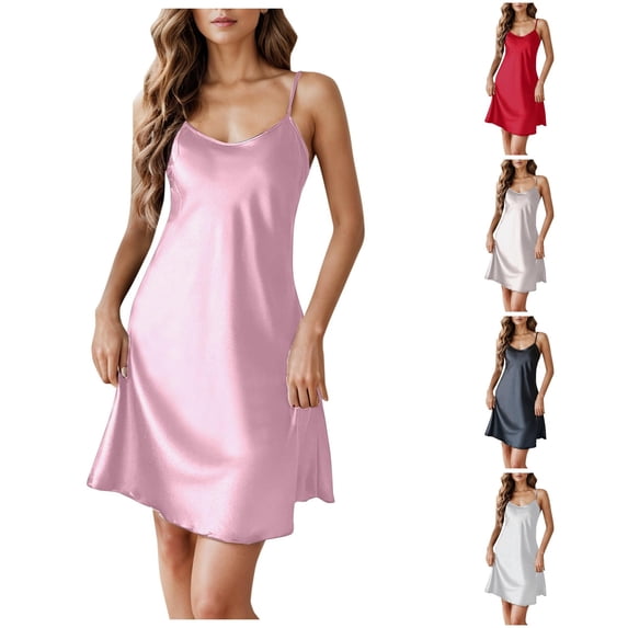 PMVFHDE Women Satin Chemise Nightgown Nightie Sleep Dress Pink,L