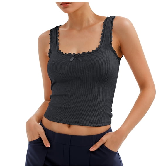 PMVFHDE Women Solid Color Lace Trim Fashion Sleeveless Vest Womens Tops Casual Comfortable Round Neck Innerwear For Summer GY1,S