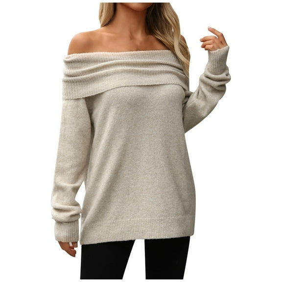 PMVFHDE Women Solid Color Off The Shoulder Loose Knit Sweater Long Sleeve Pullover Sweaters For Women For Fall Winter Beige,S