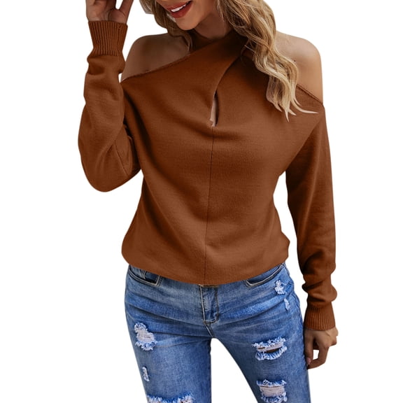 PMVFHDE Women Solid Color Sweaters Casual Off Shoulder Tops Crossed V Neck Long Sleeve Crop Pullover Sweaters women tops Brown，L
