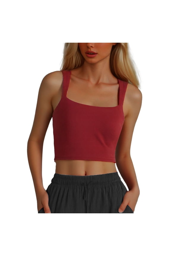 Women Square Neck Double Lined Thickened Fitted Cropped Sleeveless Tank Tops For Women For Streetwear Layering Brick Red,M