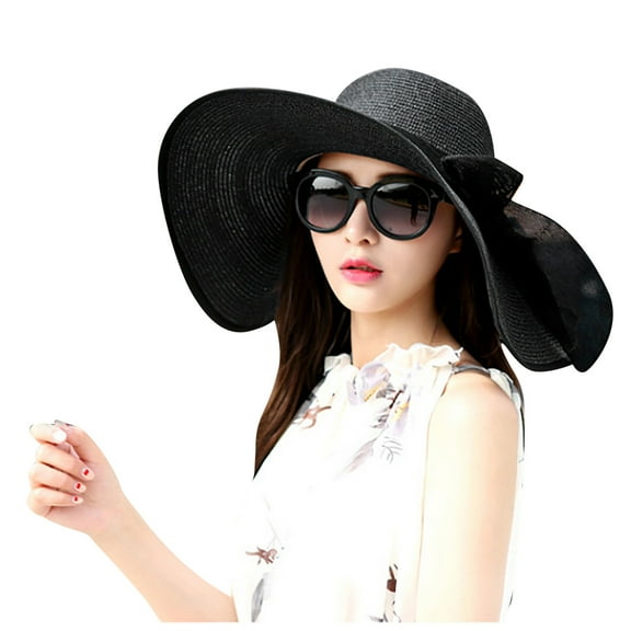 PMVFHDE Women Summer Wide Brim Sun Hat with Flowing Ribbon Foldable Beach Sun Blocking for Travel Black