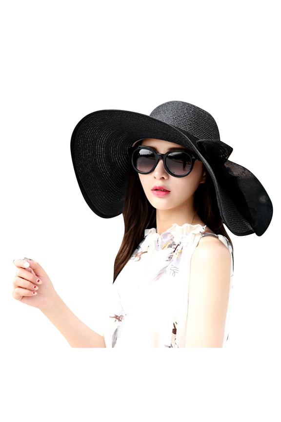 Women Summer Wide Brim Sun Hat with Flowing Ribbon Foldable Beach Sun Blocking for Travel Black