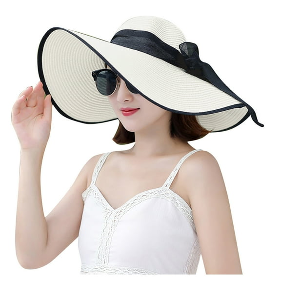 PMVFHDE Women Summer Wide Brim Sun Hat with Flowing Ribbon Foldable Beach Sun Blocking for Travel White