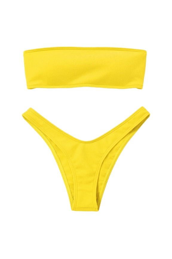 Women Swimsuits Solid Color Push Up Strapless Bandeau High Waisted Two Piece Bikini Set