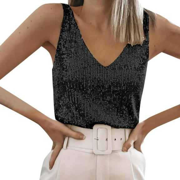 PMVFHDE Women Tops Sequin V Neck Glitter Strappy Tank Top Sparkling Evening Wear Blouse Cute Tops For Women Black,XXL