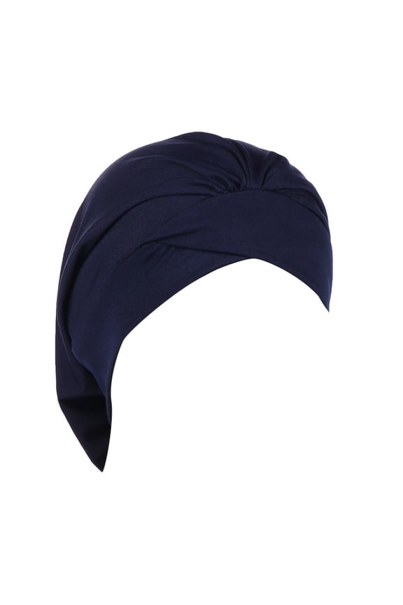 Women Tube Style Cap Headscarf Turban Long Tail Headwrap Solid Color Stretchy Breathable Liner Navy