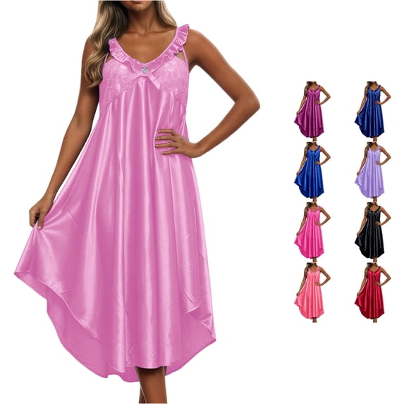 PMVFHDE Women V Neck Ice Silk Nightgown Sleepshirt Imitation Loungewear Breathable Soft Comfort Sleep Dress Pink,One Size
