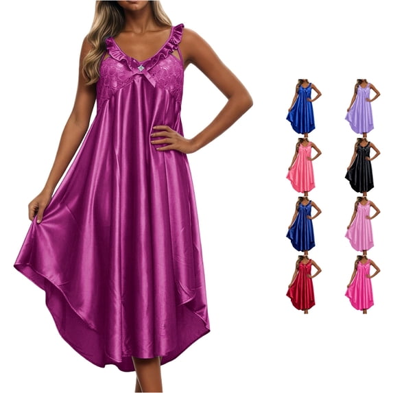 PMVFHDE Women V Neck Ice Silk Nightgown Sleepshirt Imitation Loungewear Breathable Soft Comfort Sleep Dress Purple,One Size