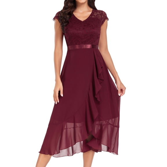 PMVFHDE Women V Neck Short Sleeve Evening Dress Front Slit Lace Chiffon Hem Formal Dresses For Women ,XL