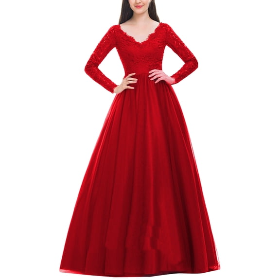 PMVFHDE Women Wedding Dress Lace Long Sleeve Chiffon Evening Gown With Train Formal Dresses For Women Red,S