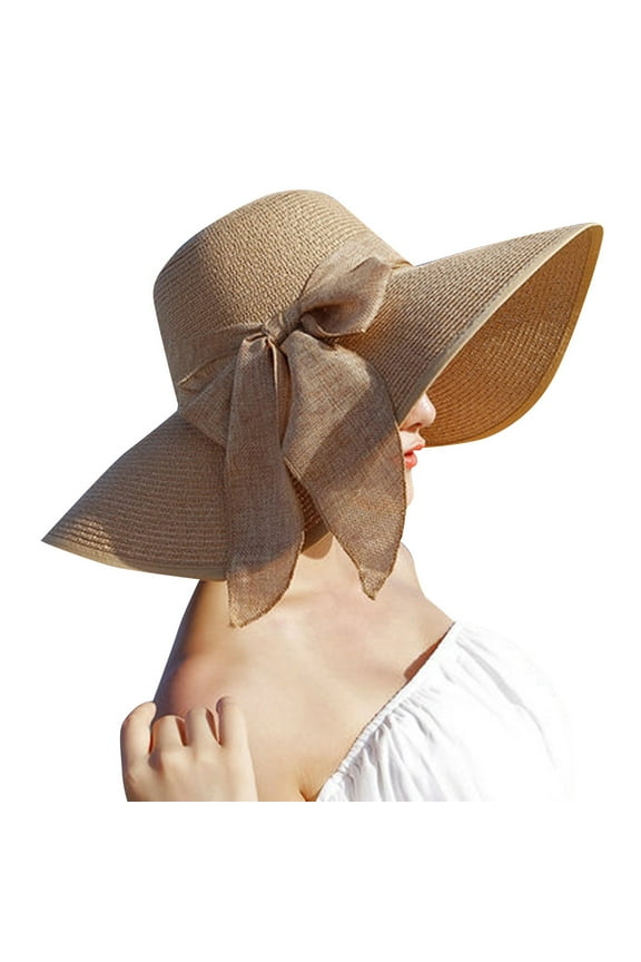 Women Wide Brim Beach Hat with Foldable Construction Sun Block Sand Hat for Seaside Trips Portable Packable Sun Headwear Khaki