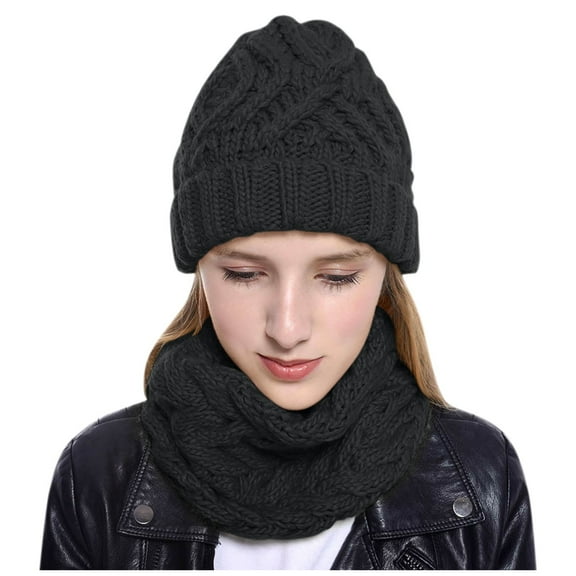 PMVFHDE Women Winter Knit Set Neck Warmer Combo Sphere Hat Warm Brushed Lined for Cold Weather Black